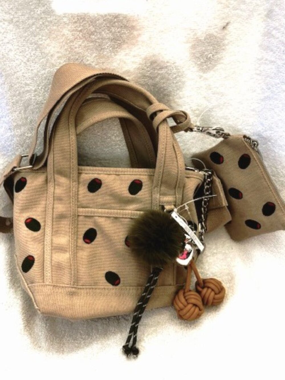 Madden Girl Mini Tote in Tan Multi with green olives, zip pouch and bag charms